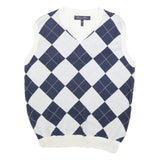RUSSEL SIMONS Mens White & Navy Patterned Sleeveless V-Neck Basic Knit Jumper S