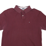 TOMMY HILFIGER Mens Maroon Short Sleeve Plain Polo Shirt L Cotton Blend Classic