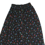 LIZSPORT Womens Black Floral Button Midi Cotton Blend Skirt S Elastic Waist