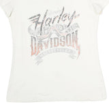 HARLEY DAVIDSON Womens White Graphic T-Shirt L Short Sleeve Scoop Neck Casual