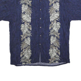 CAMPIA Mens Blue Rayon Hawaiian Shirt XL Leaf Print Casual Summer Button
