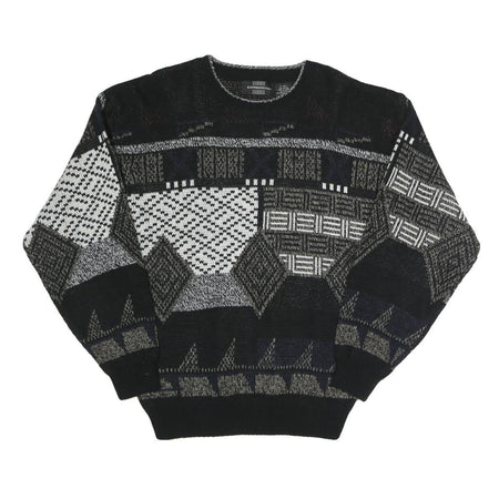 EXPRESSIONS Mens Black Grey Patterned Acrylic Jumper Crew Neck L Casual Comfort