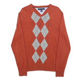 TOMMY HILFIGER Mens Orange & Grey Argyle V-Neck Patterned Cable Knit XS Cotton
