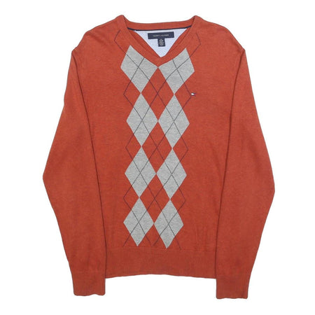 TOMMY HILFIGER Mens Orange & Grey Argyle V-Neck Patterned Cable Knit XS Cotton