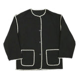 Womens Black Button Jacket L Polyester Blend Plain Classic Fit Contrast Trim