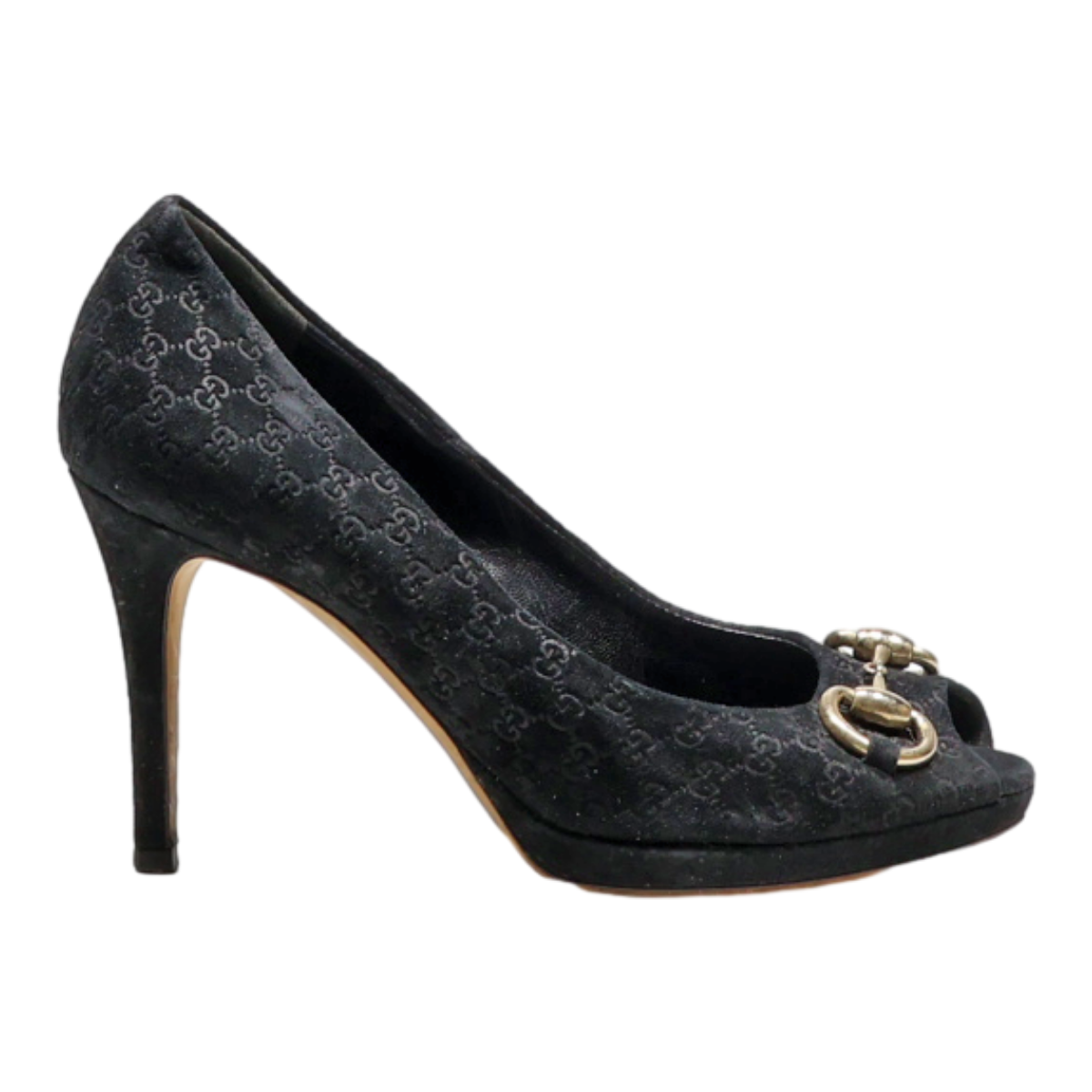 GUCCI Peep Toe Heels Black Suede Womens UK 2.5