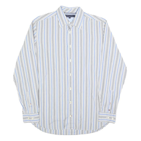 TOMMY HILFIGER Mens White & Blue Stripe Shirt S Classic Cotton Blend Long Sleeve