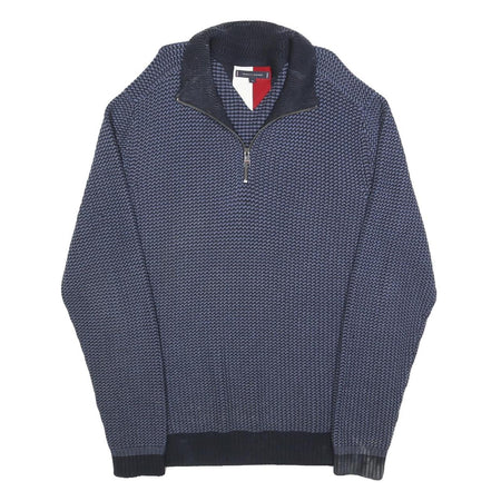 TOMMY HILFIGER Mens Blue Patterned Pullover V Neck Chunky Knit XL Cotton Jumper