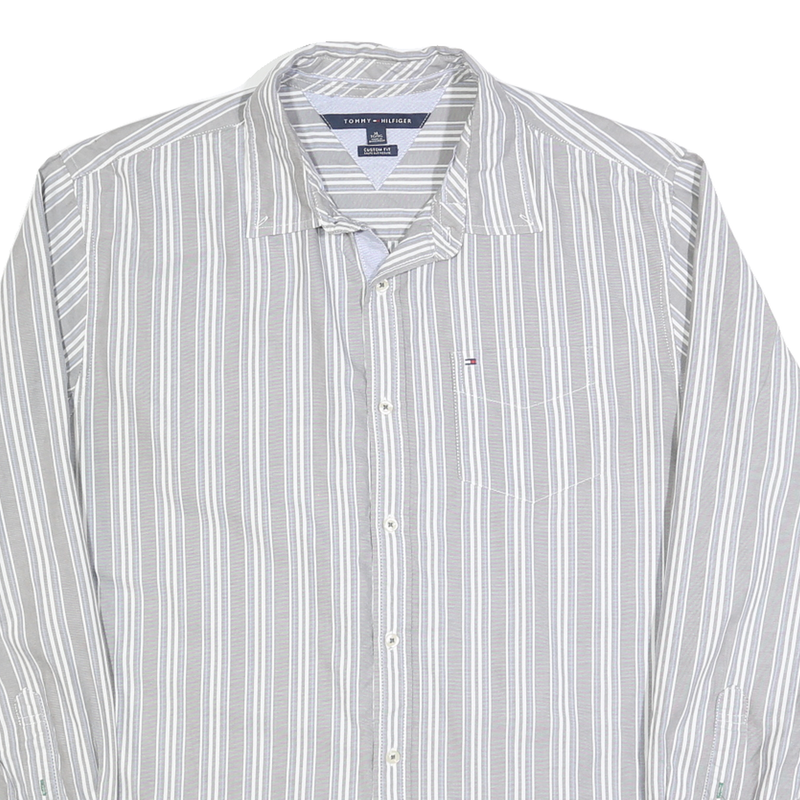 TOMMY HILFIGER Mens Grey & White Striped Shirt XL Cotton Long Sleeve