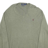 POLO RALPH LAUREN Mens Green Jumper Plain V-Neck Basic Knit XL Soft Cotton