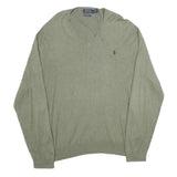 POLO RALPH LAUREN Mens Green Jumper Plain V-Neck Basic Knit XL Soft Cotton