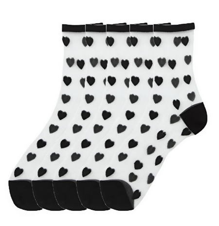 Anyfootwear 5 Pairs Black Size 5-9 Heart Tull Glass Silk Design With Transparent Thin Mesh Color Full Nylon Sock Comfortable To Wear For Ladies