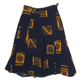 Womens Blue & Brown Block Pattern Swing Midi Polyester Skirt M Casual