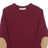 DR MARTENS Boys Maroon Plain Wool Jumper Crew Neck Basic Knit L Elbow Patch