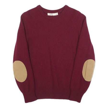 DR MARTENS Boys Maroon Plain Wool Jumper Crew Neck Basic Knit L Elbow Patch