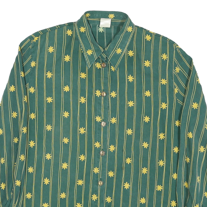 QIVINA Mens Green Yellow Striped Floral Shirt Long Sleeve Collared Cotton Blend