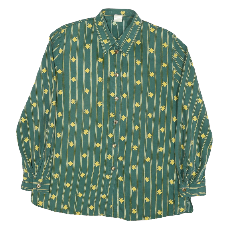 QIVINA Mens Green Yellow Striped Floral Shirt Long Sleeve Collared Cotton Blend