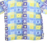 Womens Blue & Yellow Floral Check Shirt L Summer Casual Relaxed Fit Short Sleeve