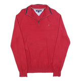TOMMY HILFIGER Mens Red Pullover Plain V-Neck Basic Knit L Cotton Blend Jumper