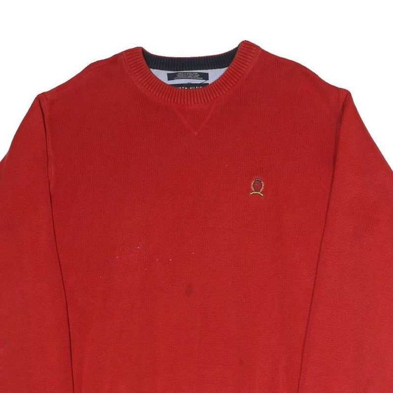 TOMMY HILFIGER Mens Red Plain Cotton Blend Jumper Crew Neck Basic Knit L