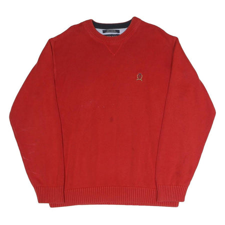 TOMMY HILFIGER Mens Red Plain Cotton Blend Jumper Crew Neck Basic Knit L
