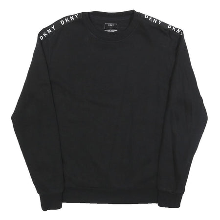 DKNY Womens Black Sweatshirt Crew Neck M Logo Tape Shoulder Stripe Casual
