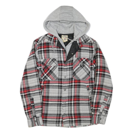 RED KAP Mens Grey & Red Hooded Check Jacket S Polyester Blend Zip Casual