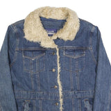 BUM EQUIPMENT Womens Blue Denim Jacket L Cotton Sherpa Trim Button Closure