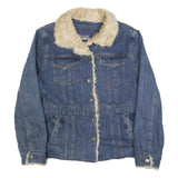 BUM EQUIPMENT Womens Blue Denim Jacket L Cotton Sherpa Trim Button Closure