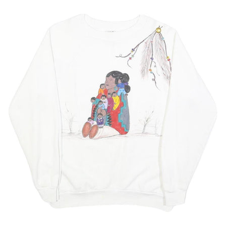 PLATINUM SPORTSWEAR Womens White Cotton Blend Sweatshirt L Artistic Print Crew