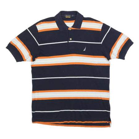 NAUTICA Mens Navy Blue & Orange Striped Short Sleeve Polo Shirt S Cotton Blend