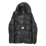 GAUDI JEANS Womens Black Puffer Jacket M Polyamide Quilted Zip Belted Faux Fur