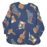 DIVINA Womens Blue Printed Shirt Long Sleeve Round Neck XL Rayon Musical Theme