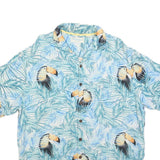 CARIBBEAN Mens Blue & White Toucan Print Silk Blend Shirt L Tropical Holiday
