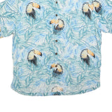 CARIBBEAN Mens Blue & White Toucan Print Silk Blend Shirt L Tropical Holiday