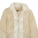 GIACCA Womens Beige Leather Jacket L Suede Fur Trim Button Closure Stylish
