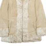 GIACCA Womens Beige Leather Jacket L Suede Fur Trim Button Closure Stylish
