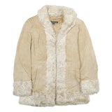 GIACCA Womens Beige Leather Jacket L Suede Fur Trim Button Closure Stylish
