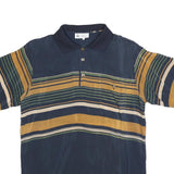 HUA BEI Mens Blue & Mustard Striped Short Sleeve Polo Shirt L Casual Comfort