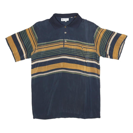 HUA BEI Mens Blue & Mustard Striped Short Sleeve Polo Shirt L Casual Comfort