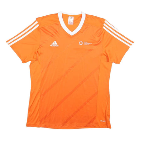 ADIDAS Mens Orange & White Graphic T-Shirt L Short Sleeve V-Neck Sports
