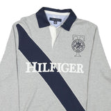 TOMMY HILFIGER Mens Grey & Navy Long Sleeve Logo Print M Polo Shirt Cotton Blend