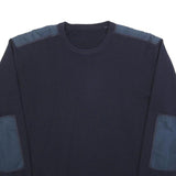 Mens Navy Blue Plain Crew Neck Jumper L Shoulder Elbow Patch Regular Fit