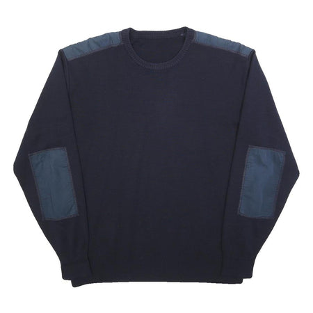 Mens Navy Blue Plain Crew Neck Jumper L Shoulder Elbow Patch Regular Fit