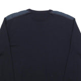 Mens Navy Blue Plain Crew Neck Jumper L Shoulder Elbow Patch Regular Fit