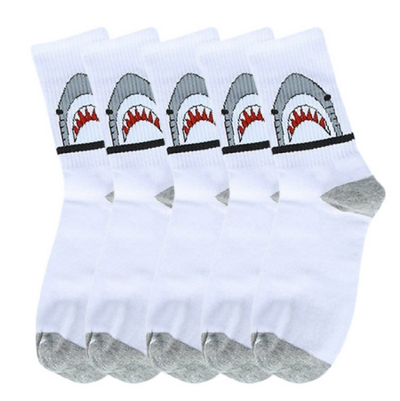 Anyfootwear 5 Pairs Unisex Shark Print Sports Socks Size 4-9 White Long Cotton Knitted Breathable Hip-Hop Skateboard Casual Fashion Socks