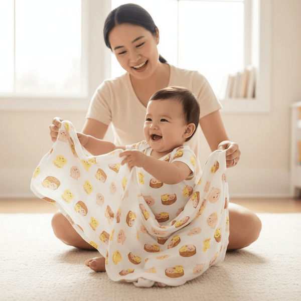 cute baby playing with mom with dim sum swaddle blanket from the wee bean