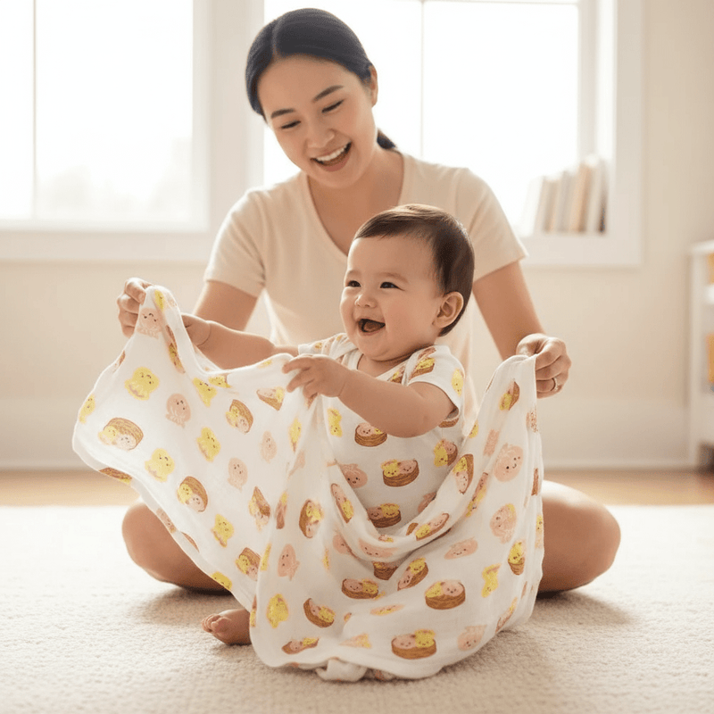 cute baby playing with mom with dim sum swaddle blanket from the wee bean