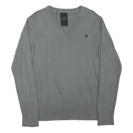 G-STAR Mens Grey Plain V-Neck Basic Knit L Cotton Blend Jumper Casual Essential