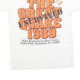 Mens White The Great Quake 1989 Graphic T-Shirt L Short Sleeve Crew Neck